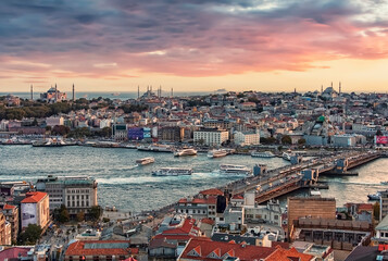 Istanbul city viewed from high up at sunset