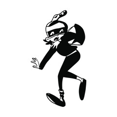 a black and white silhouette of a frightened boy in a superhero costume. the little thief. the pose of fright, the emotion of fear. one isolated cartoon character. humorous sketch