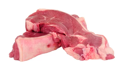Keuken spatwand met foto Two fresh raw lamb meat rump steaks isolated on a white background © philip kinsey