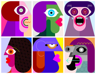 Six People Portraits modern art vector illustration. Six different faces.
