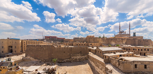 Day panoramic view of Cairo Citadel Square, including The great Mosque of Muhammad Ali Pasha, Citadel prison, and Egyptian National Archive Building, Old Cairo, Egypt - obrazy, fototapety, plakaty