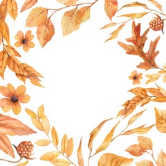 Autumn floral frame. Golden and red leaves design isolated on white background
