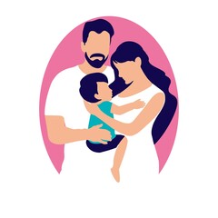 Happy family loving parents with a small child in their arms. Hugs from parents. Taking care of children. Love in the family.  Illustration