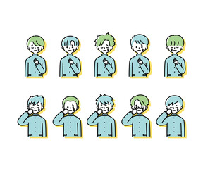 冬の制服を着た様々な男子学生の感情表現イラスト（上半身）