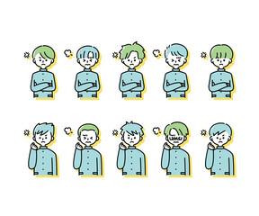 冬の制服を着た様々な男子学生の感情表現イラスト（上半身）