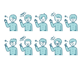 冬の制服を着た様々な男子学生の感情表現イラスト（上半身）