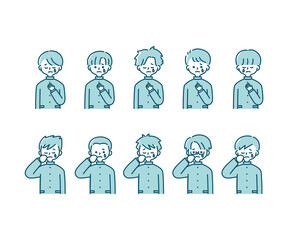 冬の制服を着た様々な男子学生の感情表現イラスト（上半身）