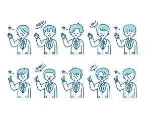 冬の制服を着た様々な男子学生のイラスト（上半身）