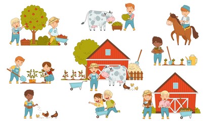 Fototapeta na wymiar Little Children Working on the Farm Feeding Livestock, Harvesting and Gardening Vector Set