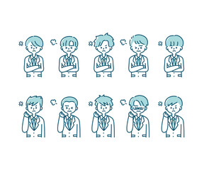 冬の制服を着た様々な男子学生の感情表現イラスト（上半身）