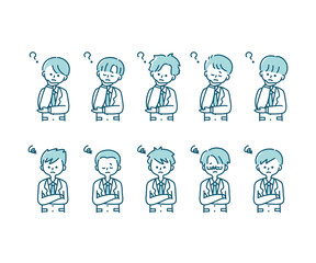 冬の制服を着た様々な男子学生の感情表現イラスト（上半身）