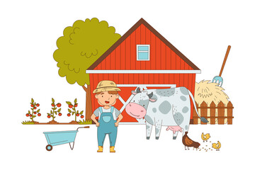 Little Boy in Overall and Straw Hat Standing in the Yard Near Barn with Livestock Vector Illustration