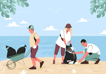 A group of young people are cleaning up trash on the beach. Volunteers women and men clean the embankment from plastic and other waste. Flat vector illustration