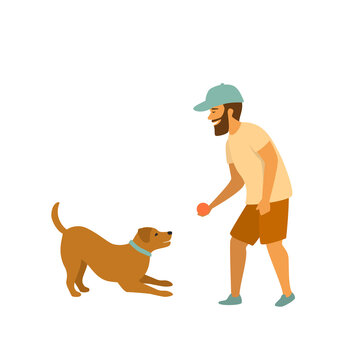 man is playing with his pet dog fetching ball game scene