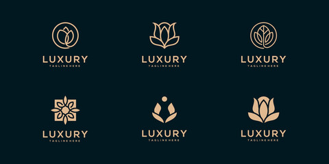 Luxury line art beauty flower, rose, and leaves logo collection