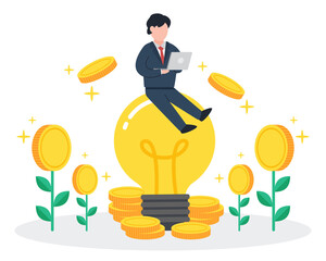 Businessman sits on glowing light bulbs with stack of coins and money tree. Creative concept of making money from business ideas. Simple trendy cute vector illustration. Flat style graphic design.