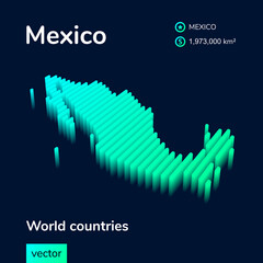 Stylized striped  isometric neon vector Mexico map with 3d effect. Map of Mexico is in green and mint colors on the dark blue background