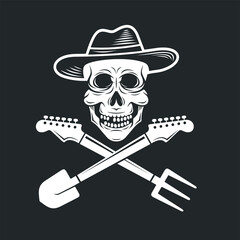 illustration of guitar combined with farm equipment and skull hat 