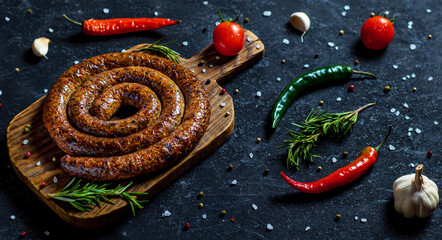 BBQ spiral sausage on a wooden cutting board.