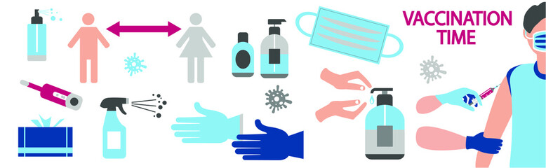 Covid 19 prevention icons. Medical mask, gloves, hand sanitizer bottles. Vector illustration