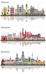 Krakow Poland, Dresden Germany and Rennes France City Skyline Set.