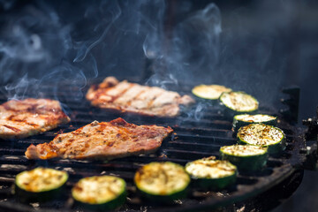 pork and zucchini, garden grill with charcoal