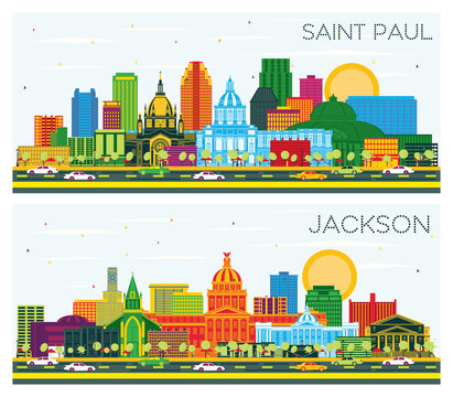 Jackson Mississippi and Saint Paul Minnesota City Skyline Set.
