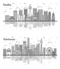 Outline Osaka and Yokohama Japan City Skyline Set.