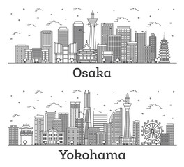 Naklejka premium Outline Yokohama and Osaka Japan City Skyline Set.