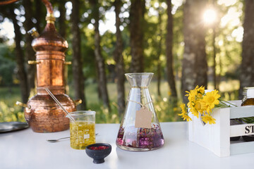 Outdoor natural cosmetics laboratory in the forest with essential oils