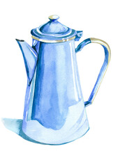 Blue teapot watercolor isolated on white background illustration for all prints. Drinking pattern.