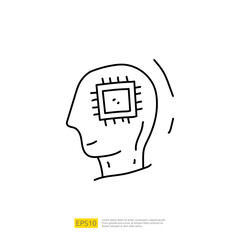 Artificial intelligence AI concept with circuit board data and artificial brains chip for inspiration, development, brainstorming sign. Hand drawn doodle icons vector illustration