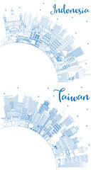 Outline Taiwan and Indonesia Cities Skyline Set with Blue Buildings and Copy Space.