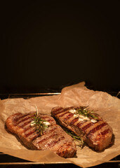 Cooking beef steaks inside oven