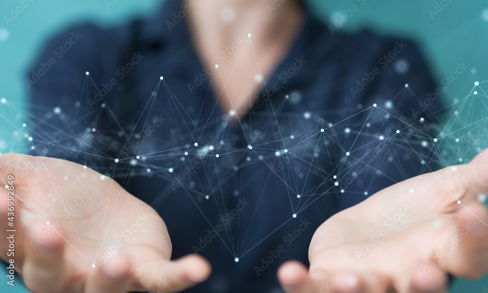 Aufkleber woman using floating digital network connections with dots and lines 3d rendering