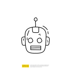Artificial intelligence AI concept with android robot head face for engineering, development, brainstorming sign. Hand drawn doodle icons vector illustration