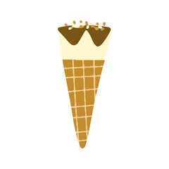 Hand drawn illustration of waffle cone with vanilla ice cream or gelato with hazelnuts and chocolate. Isolated on white background.