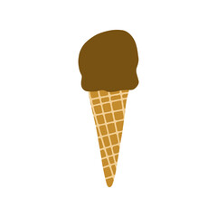 Hand drawn illustration of waffle cone with ball of chocolate ice cream or gelato. Isolated on white background.
