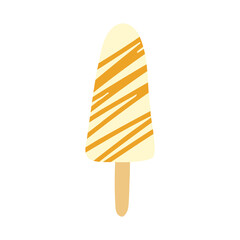Hand drawn illustration of plain vanilla popsicle ice cream on a stick with caramel swirl. Isolated on white background.
