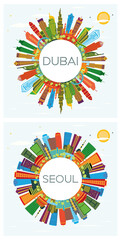Seoul South Korea and Dubai UAE City Skyline Set.