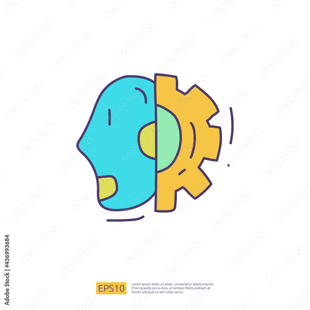 Poster artificial intelligence ai concept with android robot head face and gear machine for engineering, de