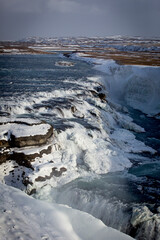 Overlook of Gullfoss waterfall in Iceland during winter