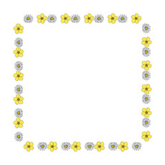 Square frame with stylish flowers buttercups and chamomile on white background. Vector image.