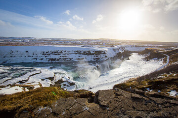 Overlook of Gullfoss waterfall in Iceland during winter