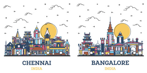 Outline Bangalore and Chennai India City Skyline Set. - obrazy, fototapety, plakaty