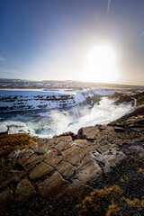 Overlook of Gullfoss waterfall in Iceland during winter