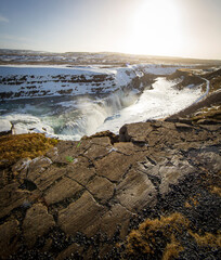 Overlook of Gullfoss waterfall in Iceland during winter