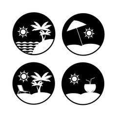 Set of beach vector icons in circle. Pulm, sun, umbrella and chair icon