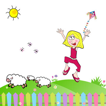 Ni&ntilde;a alegre saltando en campo con ovejas.