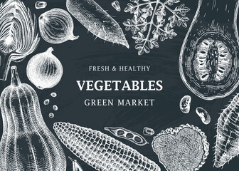 Harvest festival vector frame design on chalkboard. Vegetables, herbs, mushrooms backdrop with hand sketched elements. Healthy food ingredients banner template for recipes, web banners, menu, ads.